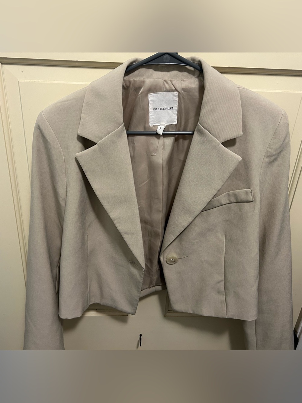 Avec Les Filles Cropped Taupe-Style Blazer in Neutral Beige